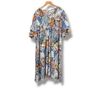 Umgee USA Paisley Print Tiered Midi Dress Womens 2XL Ruffled Sleeve Boho‎